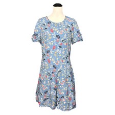 LOFT Floral Tiered Mini Dress Women 12 Blue Short Sleeve Floral Cottagecore Boho