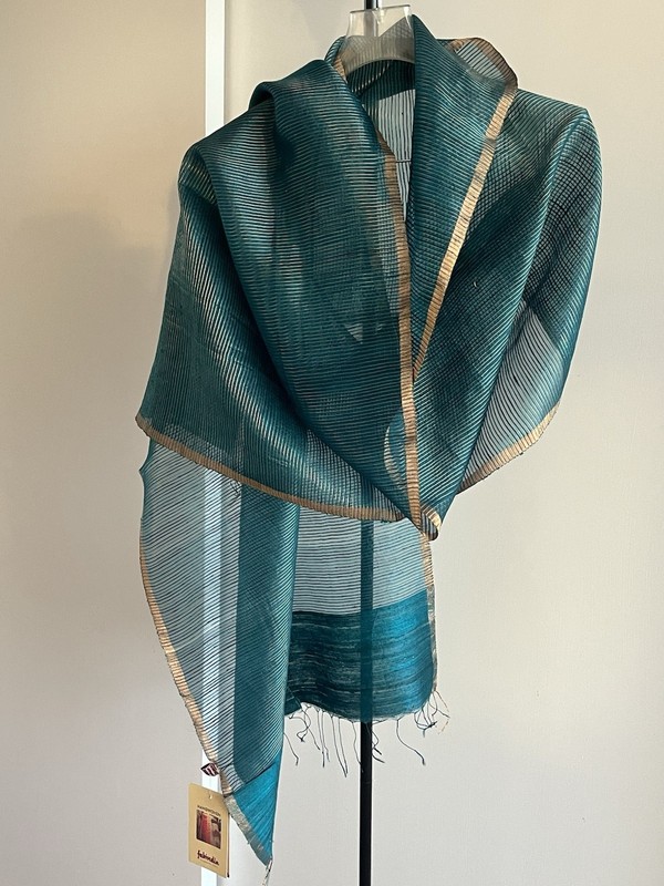 NWT FabIndia Handwoven Scarf Dupatta Wrap Stole Silk Blend Teal & gold Zari 88"