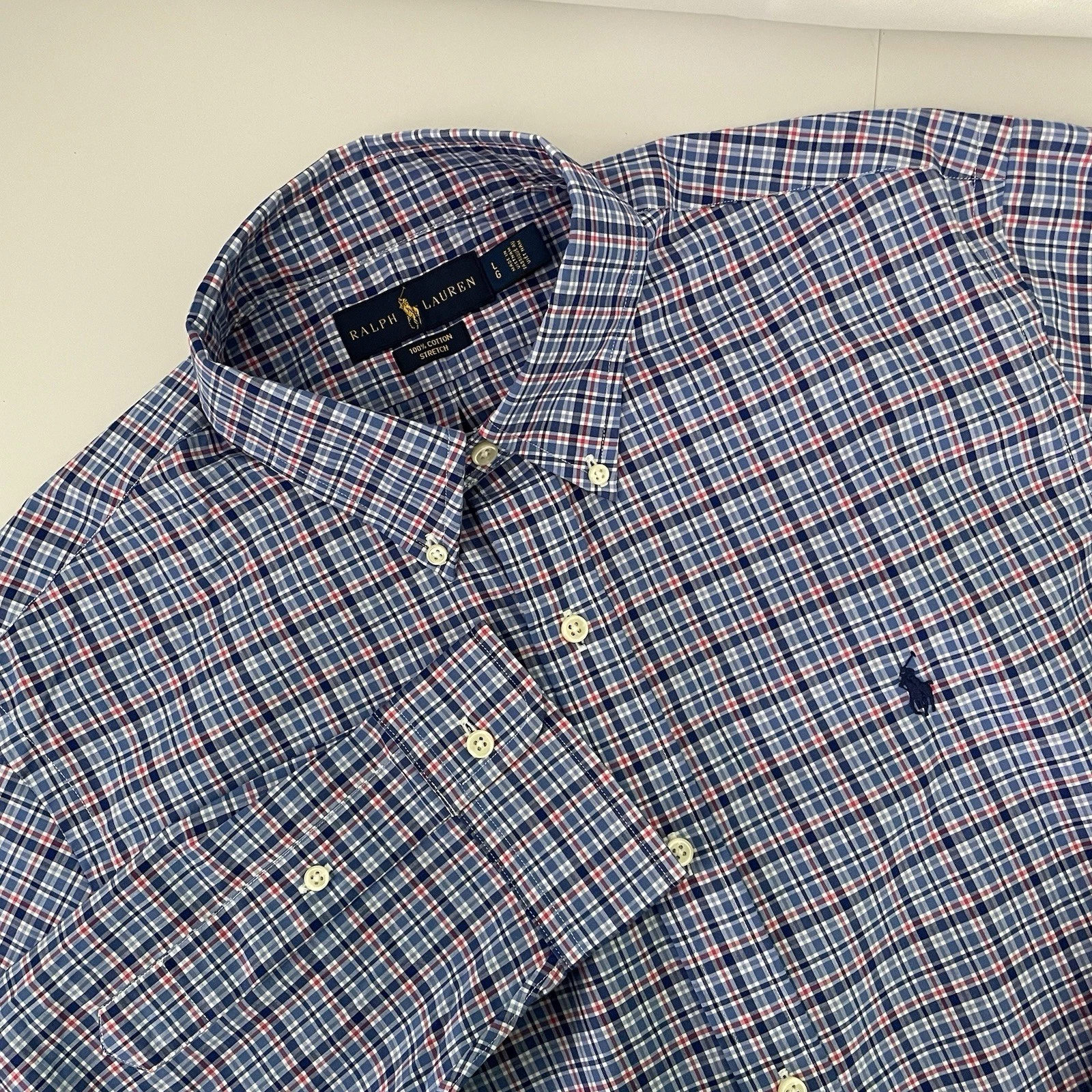 Ralph Lauren Shirt Mens Large Cotton Stretch Plaid Red Blue Long Sleeve Shirt