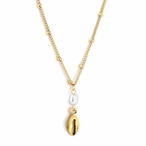 Authentic Gold Cowrie Shell & Pearl Pendant Necklace | Stainless Steel 18K Gold Plated