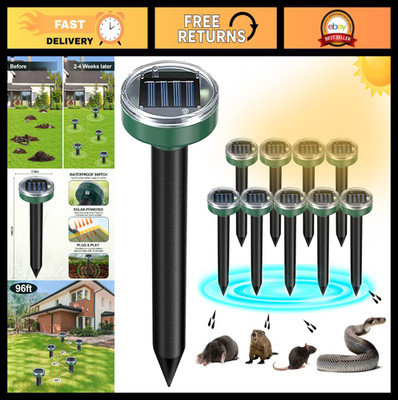 Solar Powered Mole Repellent 10 Pack - Ultrasonic Snake & Gopher Deterrent Spike