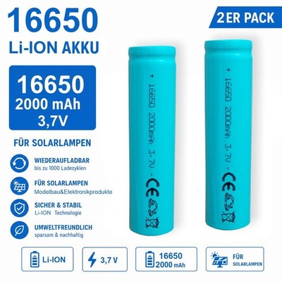 2x 16650 3,7 V 2000 mAh Li-Ion Flat-Top Akku wiederaufladbar Modellbau