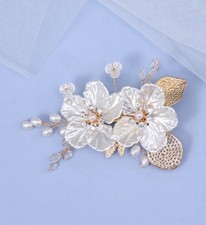 Pretty Bridal Hair Piece With White Flowers And Gold Leaves