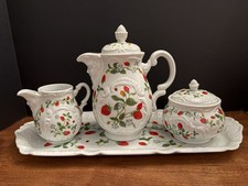 Vintage Estée Lauder 1981 Strawberry Tea Pot, Creamer, Sugar Bowl, Tray