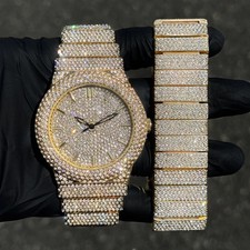 Men's Bling Watch Round Luxury Chandelier Hip Hop Full Iced Bracelet Gift Set