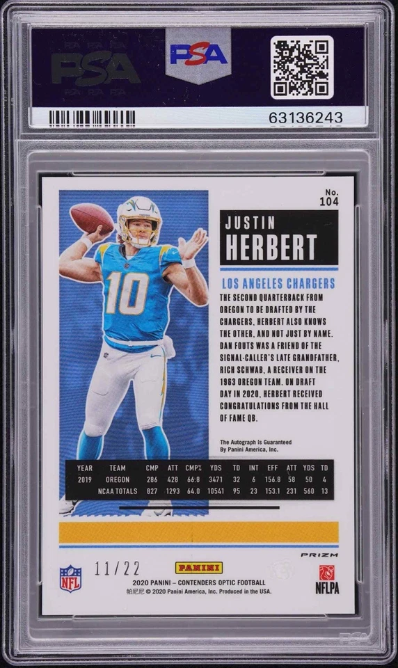 2020 Panini Contenders Optic Cracked Ice Justin Herbert RC AUTO /22 #104 PSA 10 - Image 2 of 2