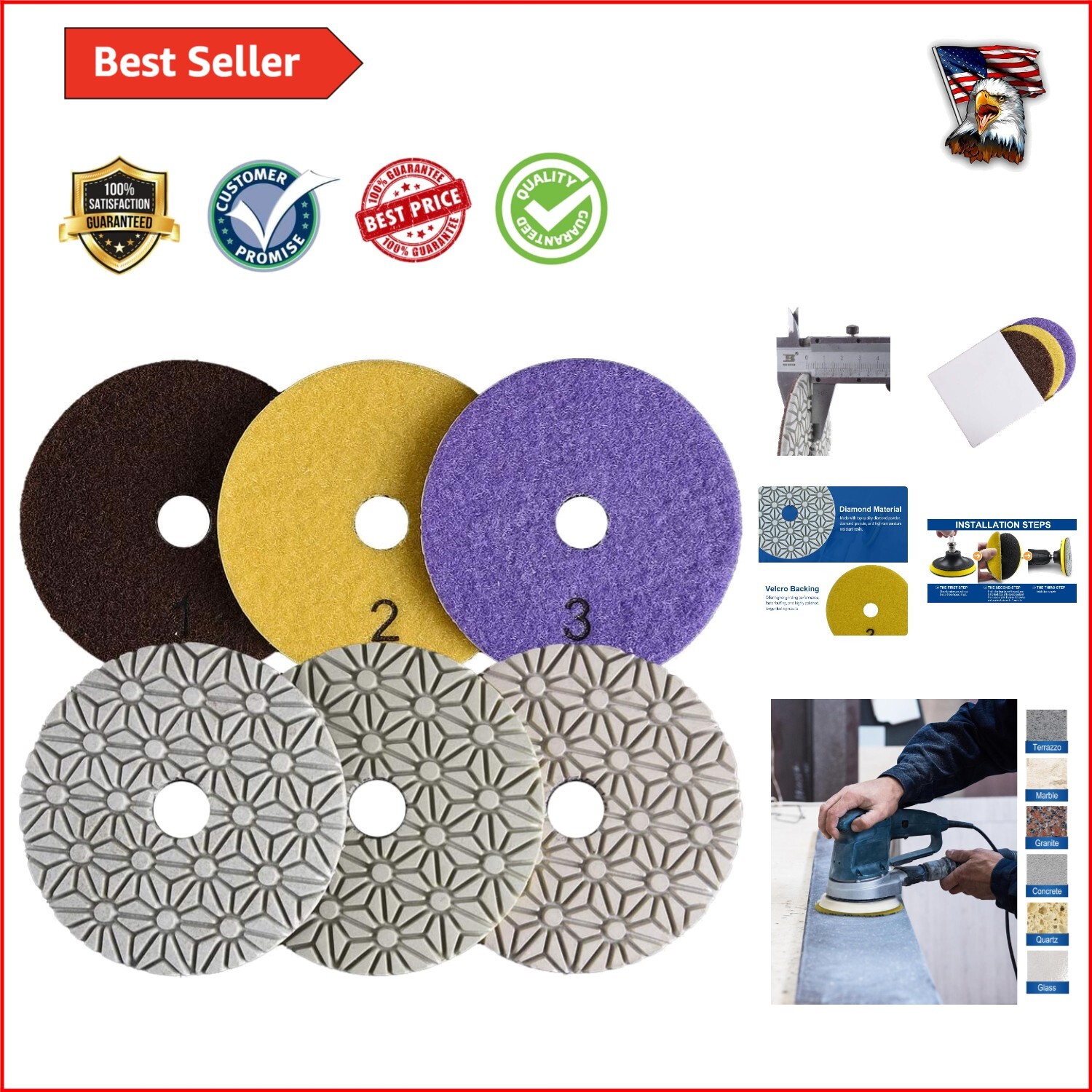 3-Step Diamond Polishing Pads Set - 4 Inch For Granite, Marble, Quartz & Concrete