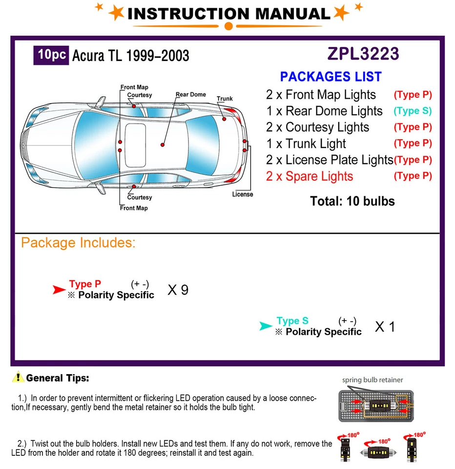 Комплект светодиодных внутренних ламп для модернизации белых светодиодных ламп Acura TL 1999-2003 - Изображение 2 из 4