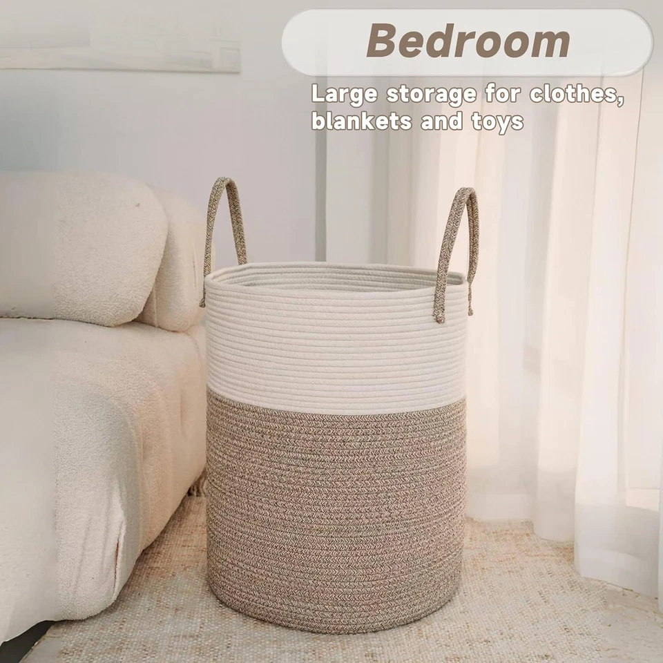 Large Woven Laundry Basket Hamper,60L Cotton Rope Storage Bin for Blankets - Image 4 of 4