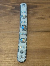 Women's White Leather Cowhide Rhinestones Bead Chain Trim Wrap Cuff Bracelet