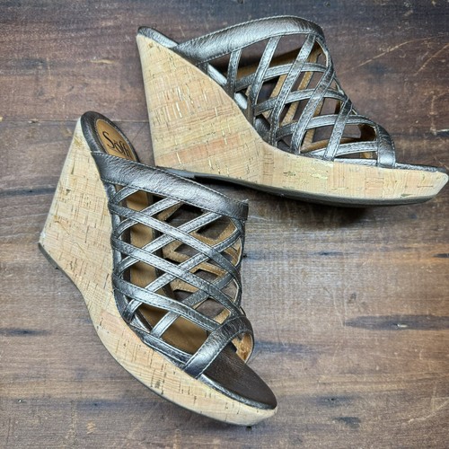 Sofft Women Trieste Leather Wedge Metallic Gold Cork Sandal Size 8.5” Preowned