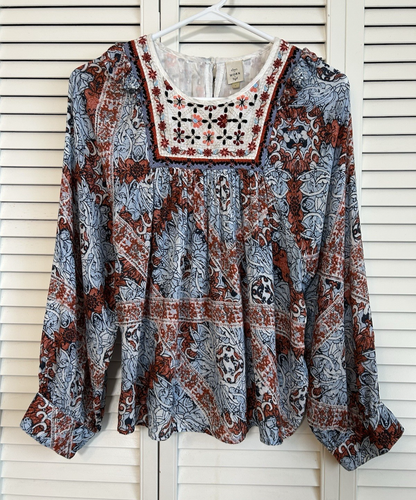 Anthropologie Seen Worn Kept Minuet Blouse Women's M Blue Embroidered Flowy Boho - Picture 2 of 18