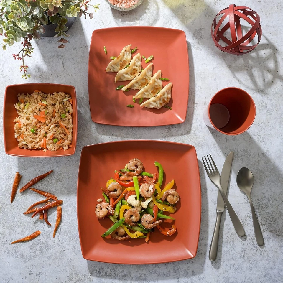 Juego de vajilla Gibson Home Soho Grayson cuadrada de melamina 16 piezas ladrillo rojo para 4 Foto 3 de 4