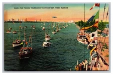 Miami, Florida, The Fishing Tournament is Under Way, Aerial View, Linen Postcard