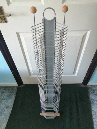 Silver Metal & Wood Audio CD Storage Rack Tower 60 CDs Vintage VGC 41 in Tall