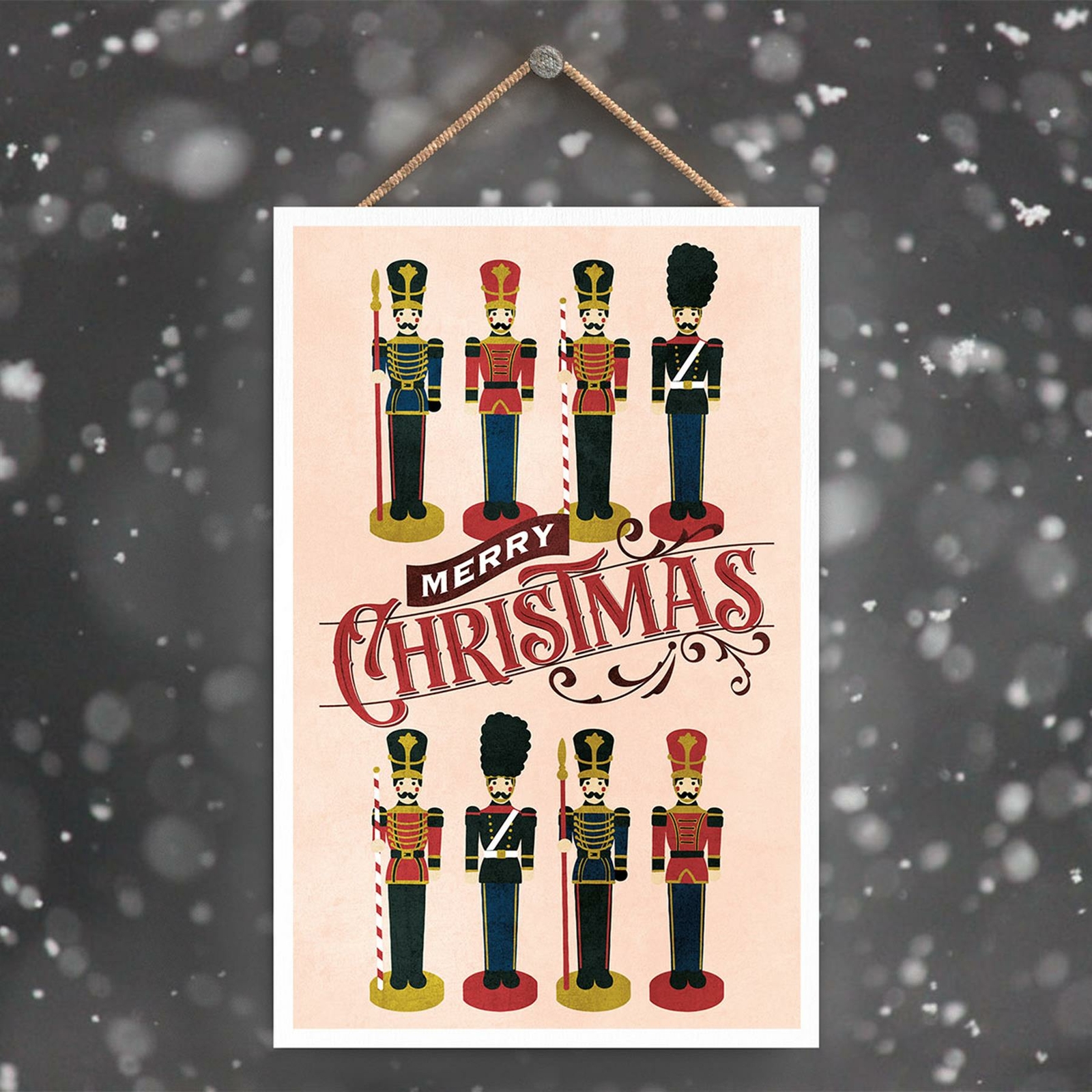 MERRY CHRISTMAS NUTCRACKERS AND TYPOGRAPHY ON A RECTANGLE PORTRAIT PLAQUE