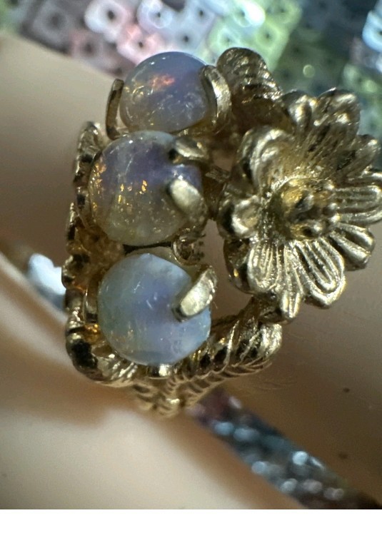 AVON Signed, Antique, Gold Tone, Fire Opalescent Simulated Glass Stones, Floral