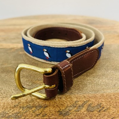 Preston Puffin Belt Sz 36 Made In New England Brass Buckle Leather Canvas