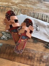 Hermès Brown Leather Slide Sandals Patterned Insole Slip On EU 39