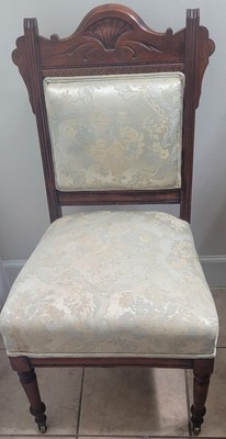 Antique Victorian Walnut Parlor Chair c1800s Damask Pattern Floral Motifs 