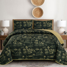 Drucon Black Farmhouse Quilt Set King Size Toile Rustic Bedspreads 3 Pieces