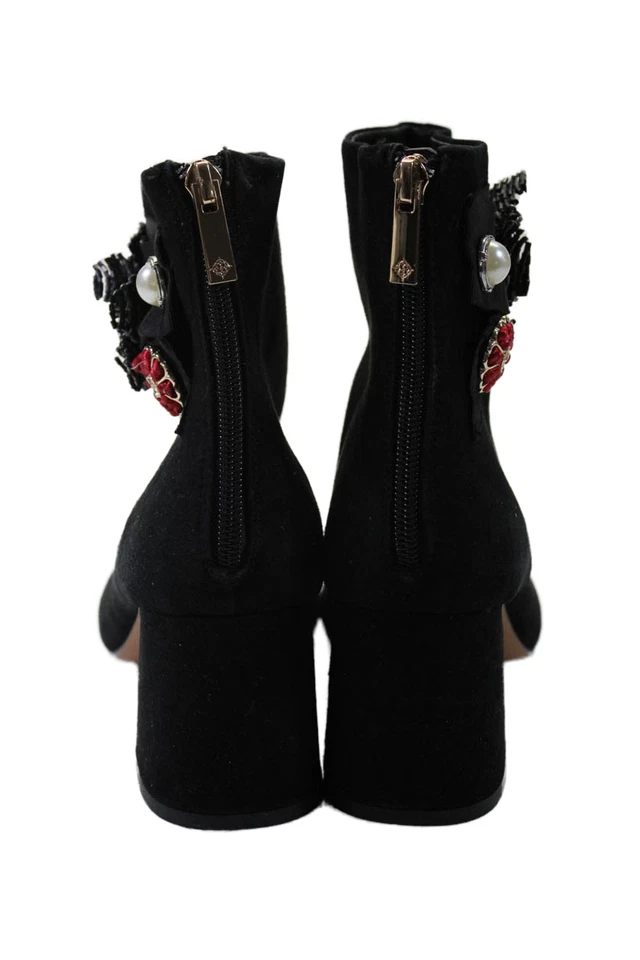 Botines al tobillo Nanette Lepore para mujer de gamuza con cuentas florales de tacón bloque negros talla 9 Foto 3 de 4
