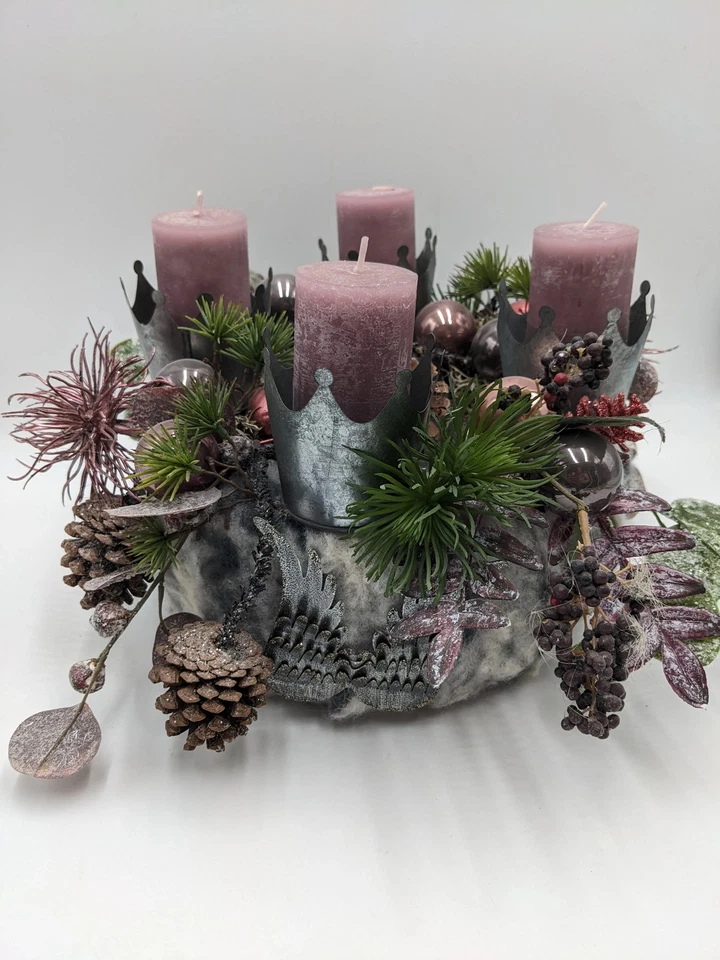 Adventskranz Kerzen Kugeln Kronen Zapfen rosa grau - Bild 2 von 4
