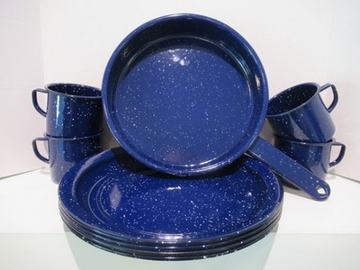 9 pc Enamelware Blue Speckled Graniteware 10  Metal Plates, 3  Mugs, 14  Frying