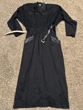 Vintage Studio 1 Women's Sz 14 Black  Belted  Dress Rayon Leather Trim