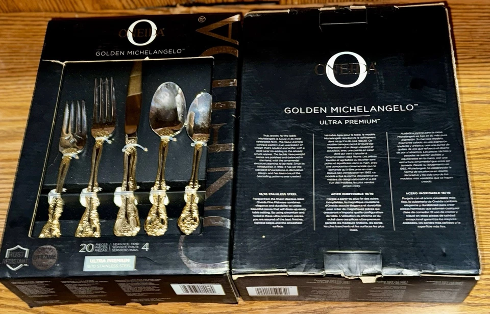 Juego de cubiertos de acero inoxidable dorado Oneida de 40 piezas para 8 bodas vacaciones formales Foto 3 de 3