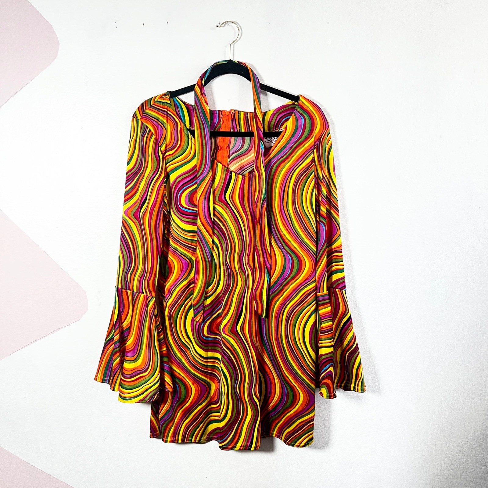 Vtg Charades Psychedelic Mini Dress Womens Large Swirl Bell Sleeve Retro Costume