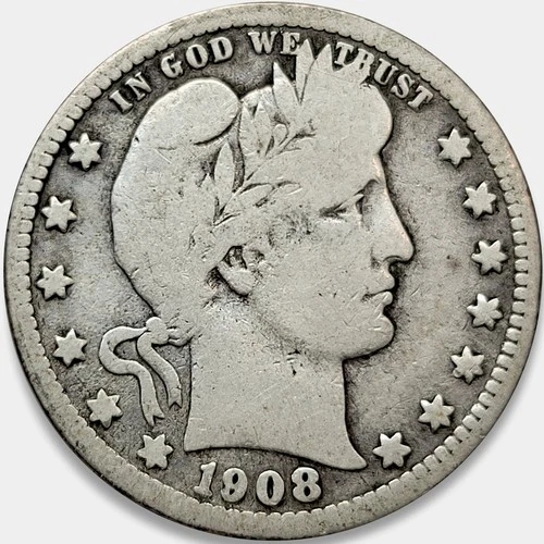 1908-D Barber Silver Quarter 25c Very Good G+ * Original Surfaces * 1908D