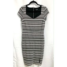 Express Women’s Size Medium Gray Black Striped Bodycon Midi Dress Back Zip