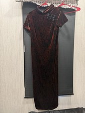 Vintage Mosaic Brown Velvet Cheong-sam Dress Women's Size 8