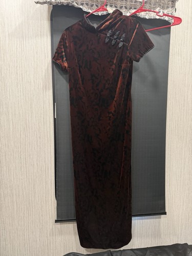 Vintage Mosaic Brown Velvet Cheong-sam Dress Women's Size 8