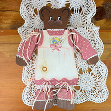 Vintage Wooden Teddy Bear Wall Hanging Plaque Pink Ribbons Cottage Core Shelf