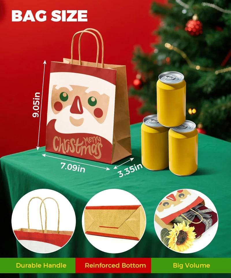 Paquete de 24 bolsas de regalo de Navidad con asas, bolsas de golosinas de papel Kraft para Holid Foto 3 de 4