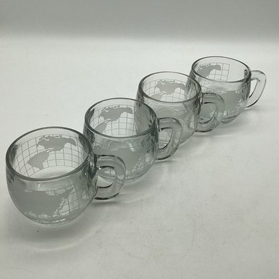 Nescafé World Map Globe Etched Clear Glass Mugs Set Of 4 Vintage 1970s
