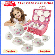 Porcelain Tea Set for Girls Pink Ceramic Tea Cups Glass Toy Kids Party 13 Pieces