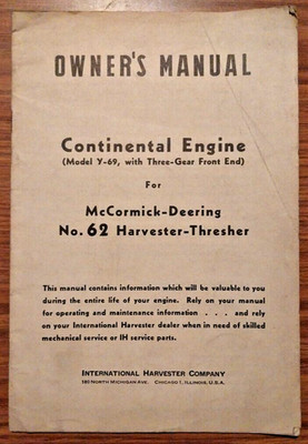 Bedienungsanleitung Continental Motor für McCormick-Deering No.62 Harvester Drescher