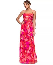 Xscape Chiffon Gown 8 Fuschia Pink Floral Pleated Gathered Bodice NWT 179