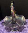 Fenton Iridescent Purple Basket Hand Painted Floral Flowers Signed Sticker 8”