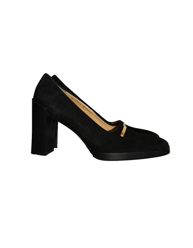 NEW AUTHENTIC $800 GUCCI SUEDE BLACK SQUARE TOE GOLD LOGO PUMP HEEL 6.5 B (DC11)