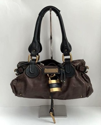 Authentic Chloe Paddington Leather Handbag Black Brown Padlock Key