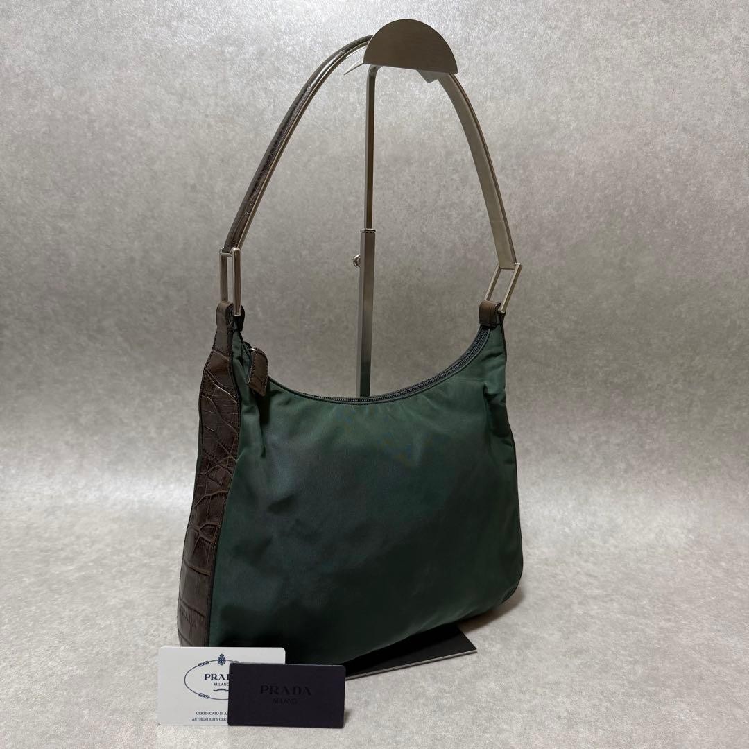 PRADA Pocono Khaki Leather Nylon Shoulder Bag Vintage Rare Authentic
