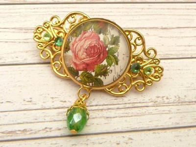 Kleine Haarspange im Nostalgie Stil mit Vintage Rose rosa goldfarben