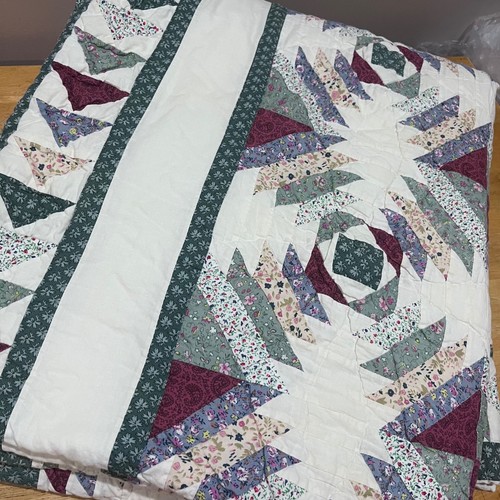 Vtg Pineapple Patchwork Quilt King 86x96 Plum Sage Green Cottagecore Farmhouse