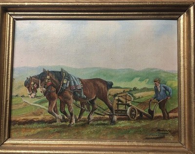 Herbertz - Öl auf Holz - Bauer mit Pferd Feldarbeit - sign. u.r.