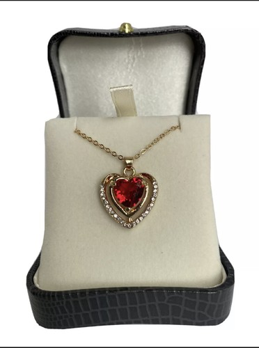 YELLOW GOLD FINISHED RED RUBY AND CREATED DIAMOND HEART CUT NECKLACE GIFT IDEA - Picture 6 of 6