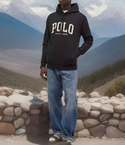Nuova con etichette-POLO RALPH LAUREN Uomo Nero RL+ "POLO" Spell Out Fleece Pullover Felpa con Cappuccio-L - Foto 4 di 6